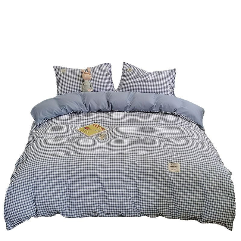 Ins-Style Brushed Twill Printed Synthetic Fiber Flat Sheet Bedding Set – Blue Check