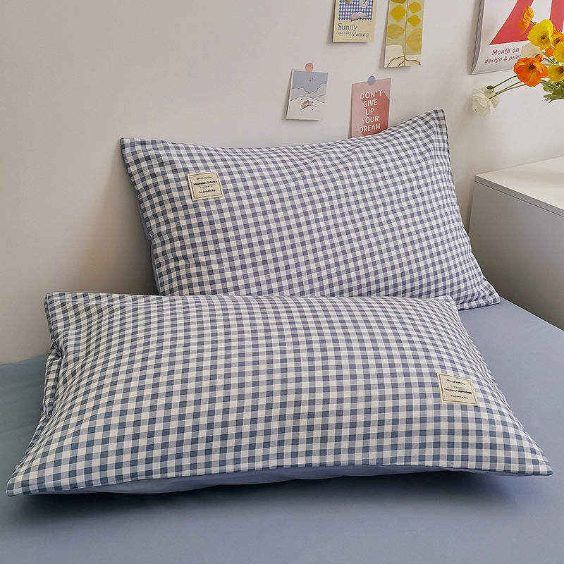 Ins-Style Brushed Twill Printed Synthetic Fiber Flat Sheet Bedding Set – Blue Check