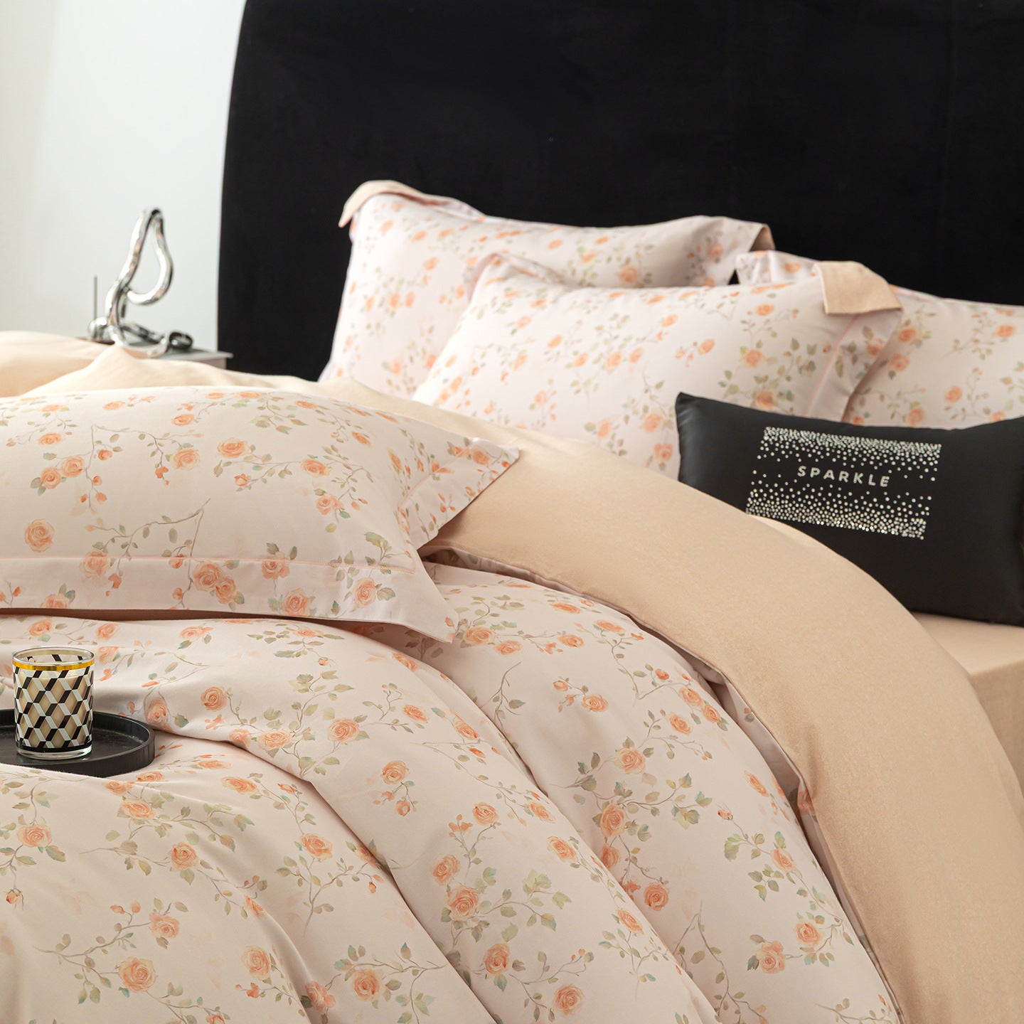 Modern Minimalist Brushed Flat Sheet Bedding Set with Orange Floral Pattern