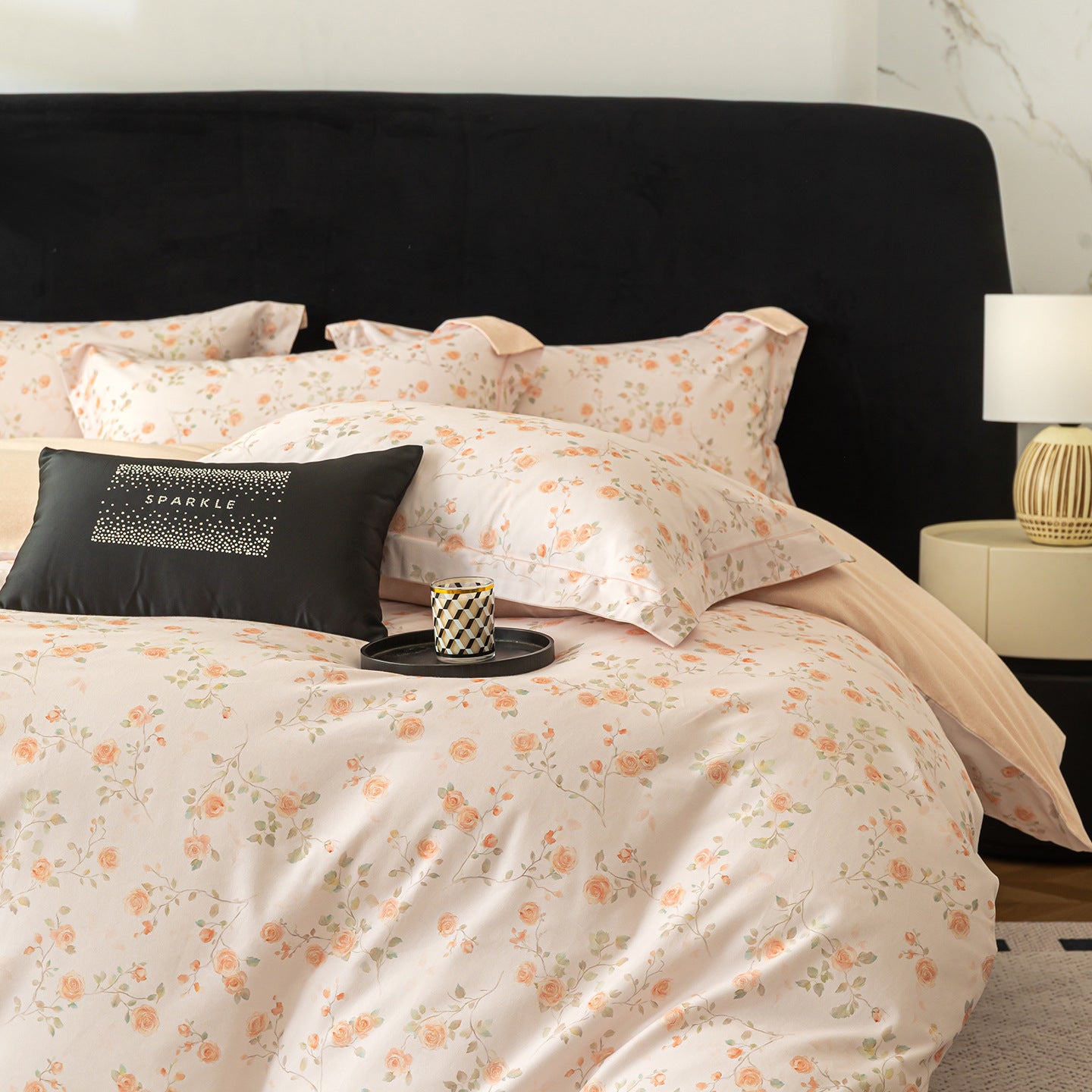 Modern Minimalist Brushed Flat Sheet Bedding Set with Orange Floral Pattern