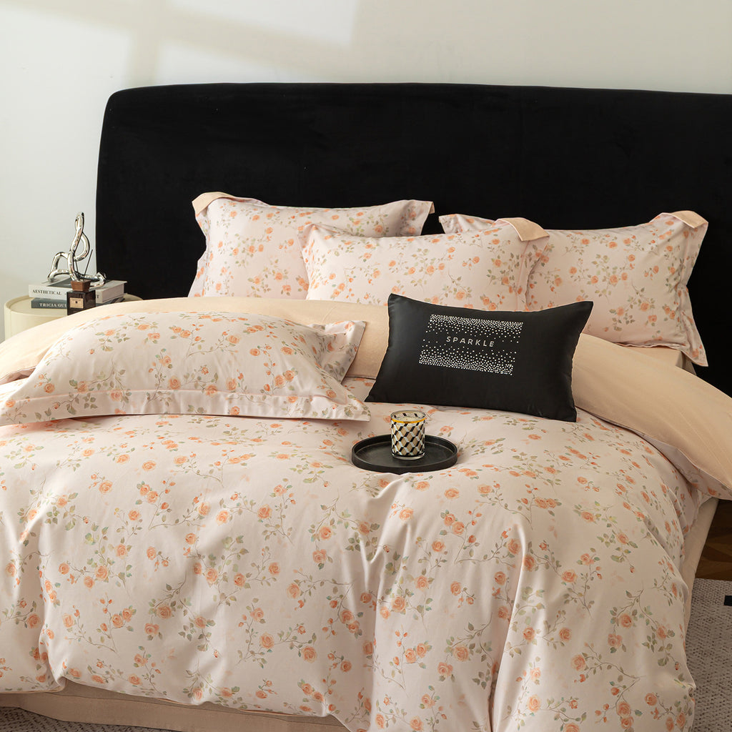 Modern Minimalist Brushed Flat Sheet Bedding Set with Orange Floral Pattern