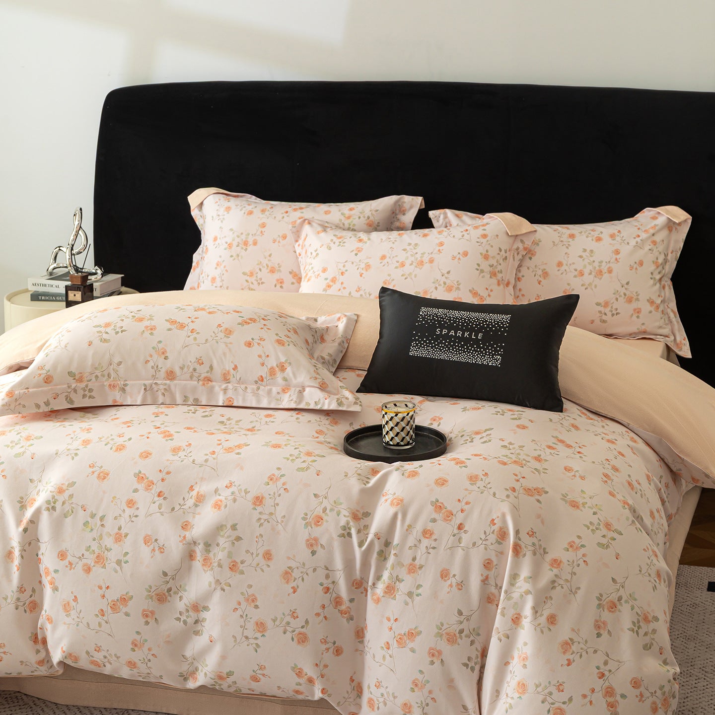 Modern Minimalist Brushed Flat Sheet Bedding Set with Orange Floral Pattern