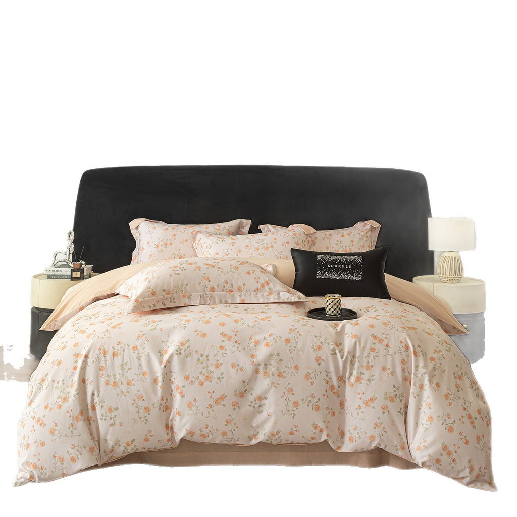 Modern Minimalist Brushed Flat Sheet Bedding Set with Orange Floral Pattern