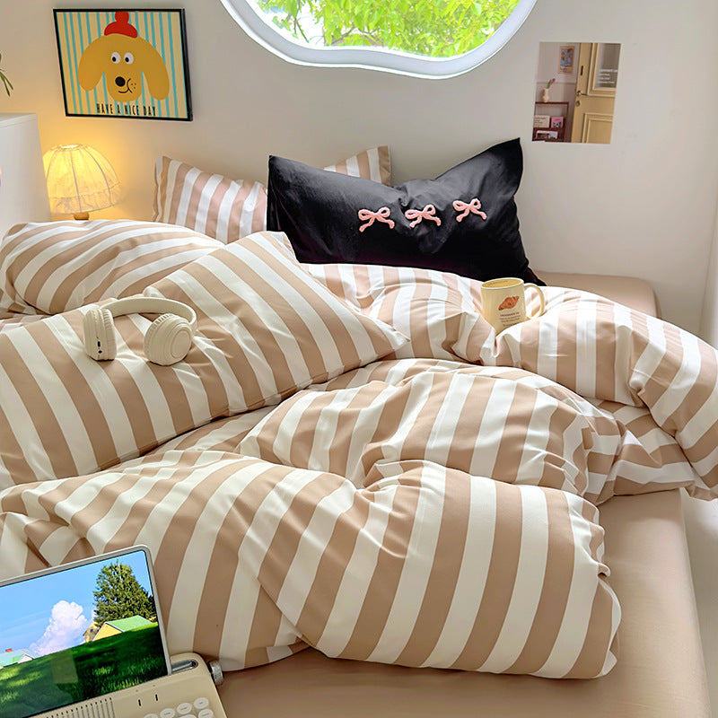 Fresh Style Synthetic Fiber Flat Sheet Bedding Set – Brown & White Geometric Stripes