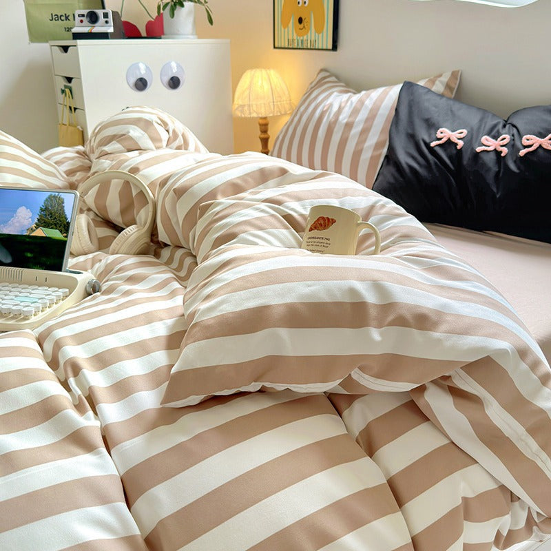 Fresh Style Synthetic Fiber Flat Sheet Bedding Set – Brown & White Geometric Stripes