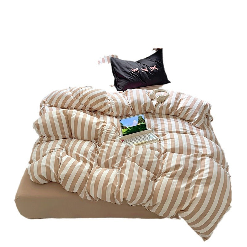 Fresh Style Synthetic Fiber Flat Sheet Bedding Set – Brown & White Geometric Stripes