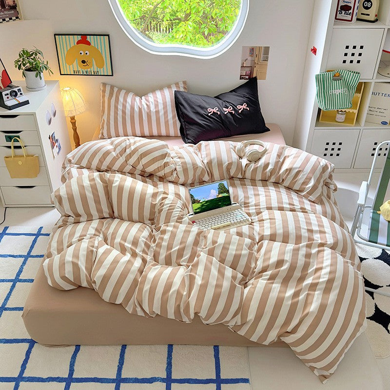 Fresh Style Synthetic Fiber Flat Sheet Bedding Set – Brown & White Geometric Stripes