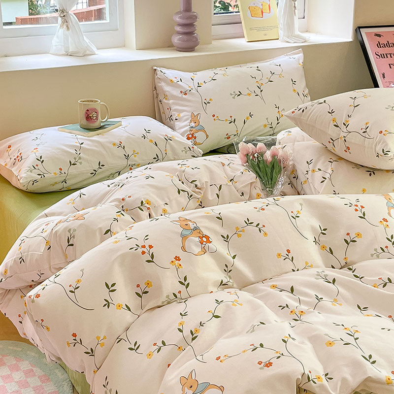 Cotton 40S 4-Piece Bedding Set – Cartoon & Floral Pattern, White with Green Flowers