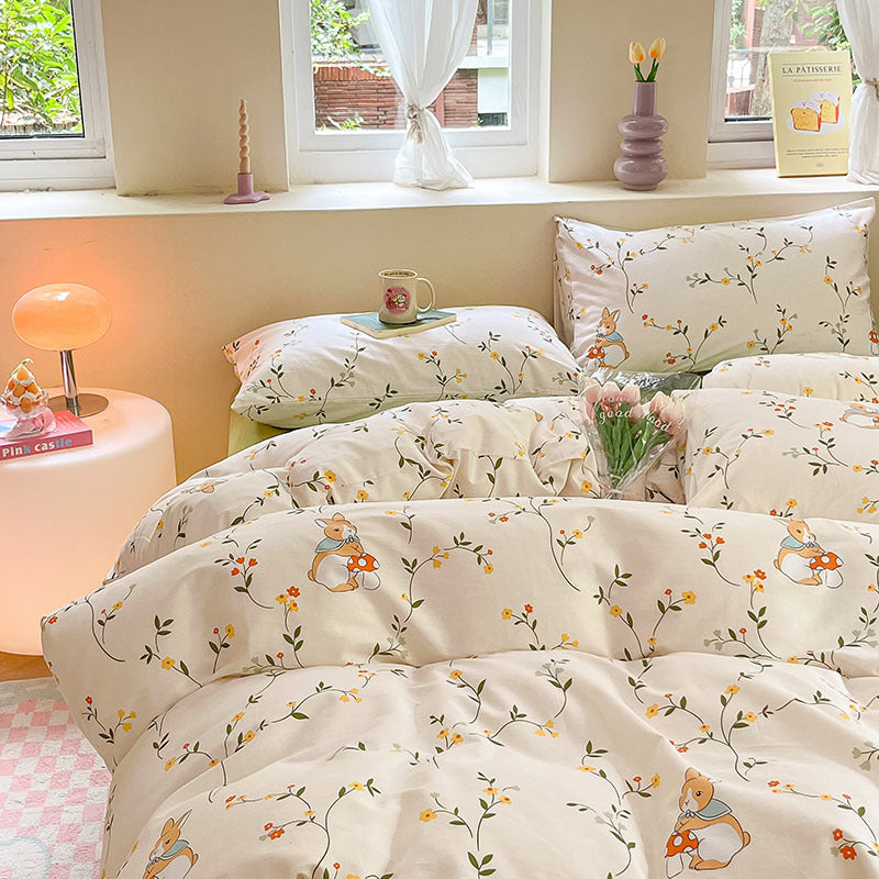 Cotton 40S 4-Piece Bedding Set – Cartoon & Floral Pattern, White with Green Flowers