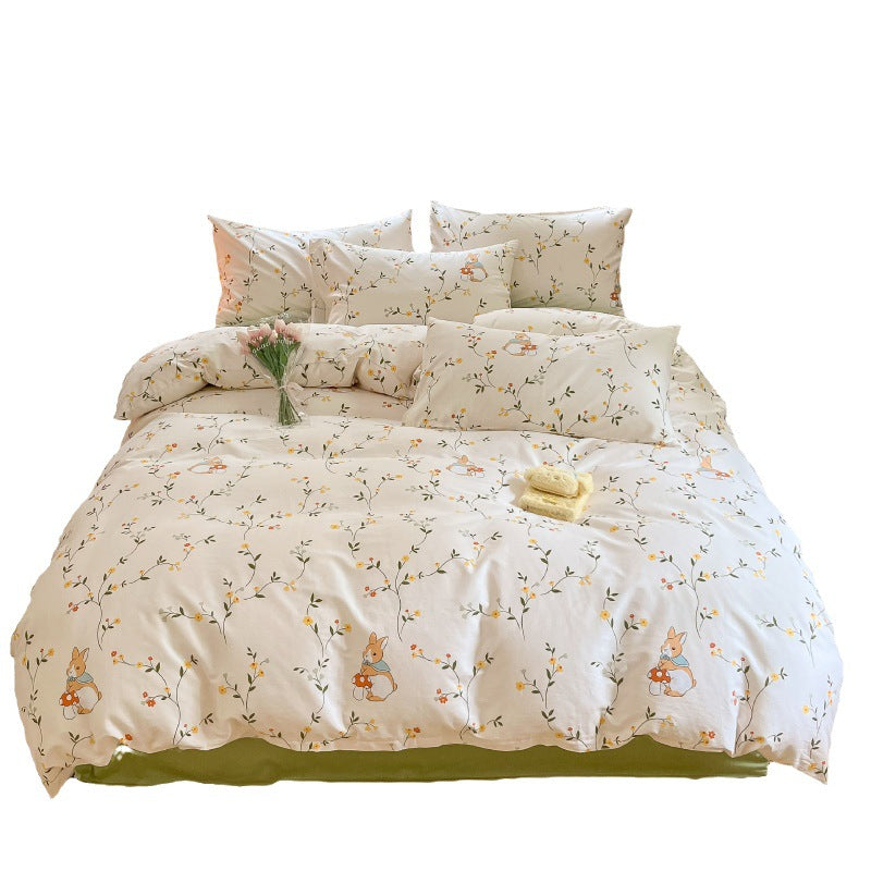 Cotton 40S 4-Piece Bedding Set – Cartoon & Floral Pattern, White with Green Flowers