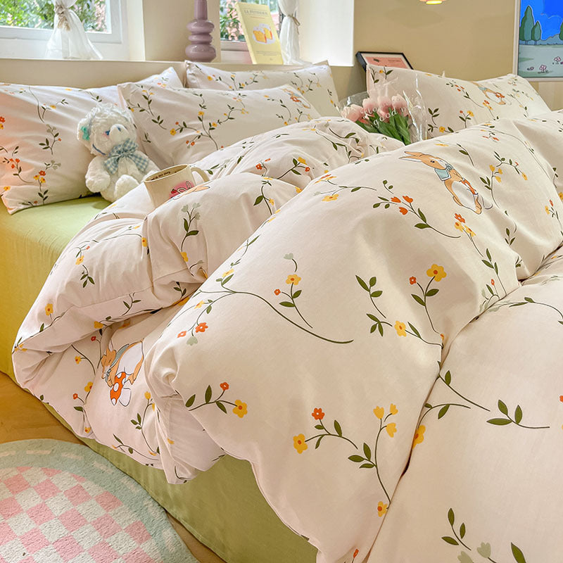 Cotton 40S 4-Piece Bedding Set – Cartoon & Floral Pattern, White with Green Flowers