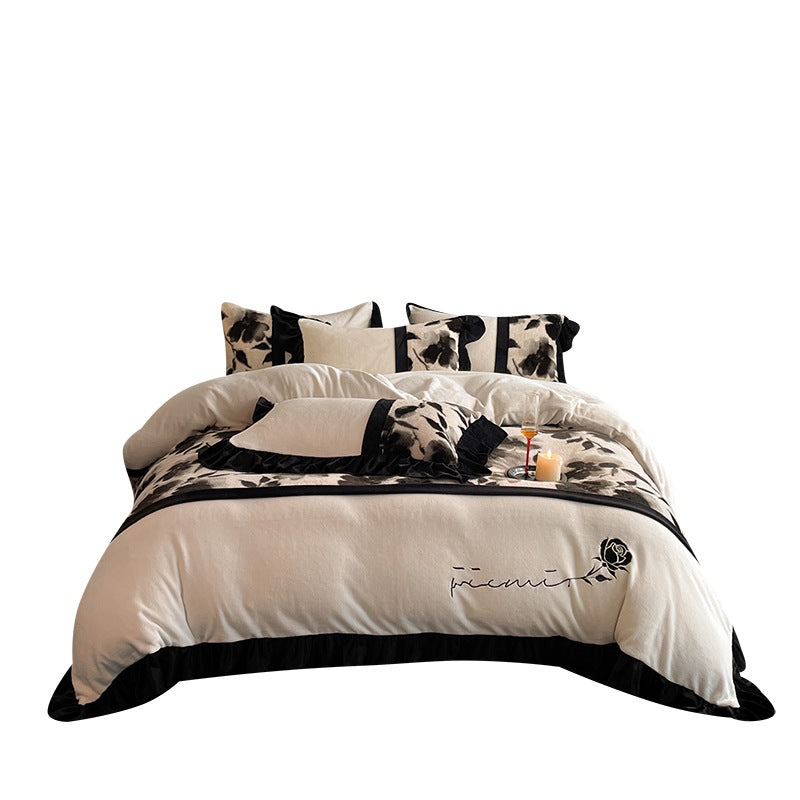 French Floral Milk Velvet Thickened Embroidered 4-Piece Bedding Set