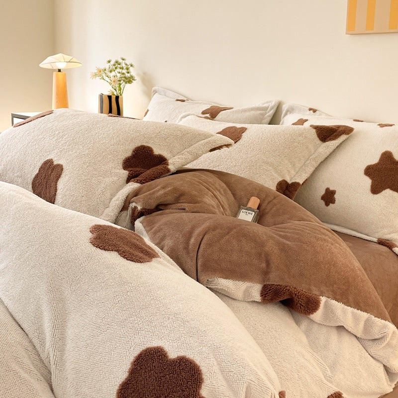 Modern Minimalist Milk Velvet Flat Sheet Bedding Set with Brown and White Floral Spots