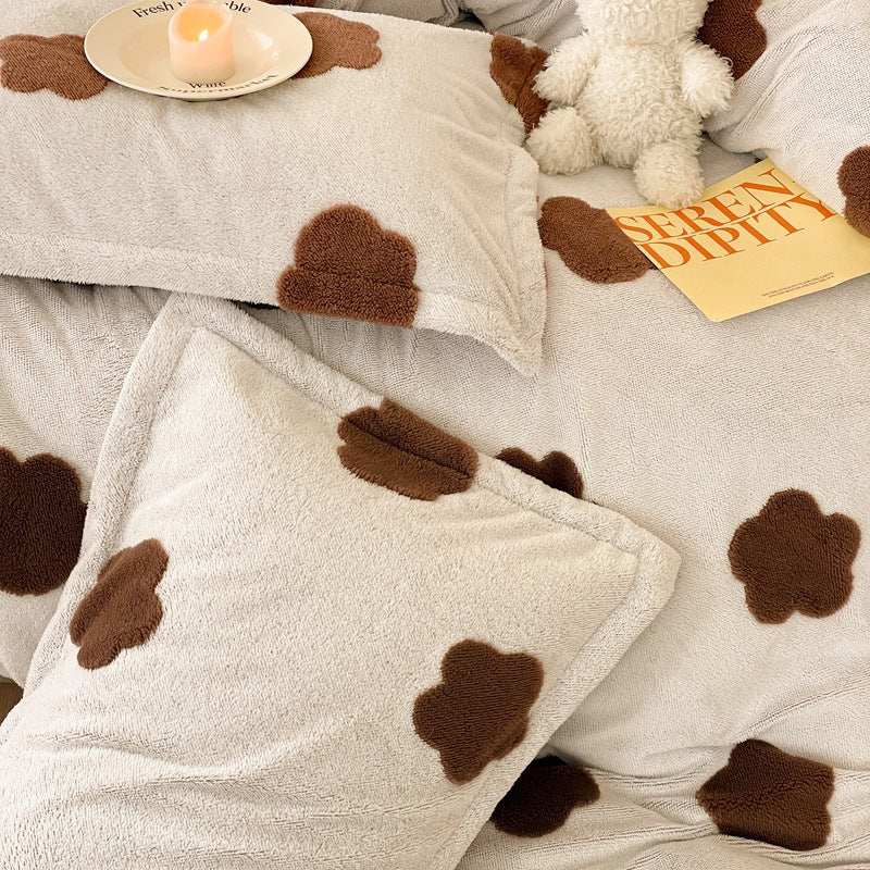 Modern Minimalist Milk Velvet Flat Sheet Bedding Set with Brown and White Floral Spots
