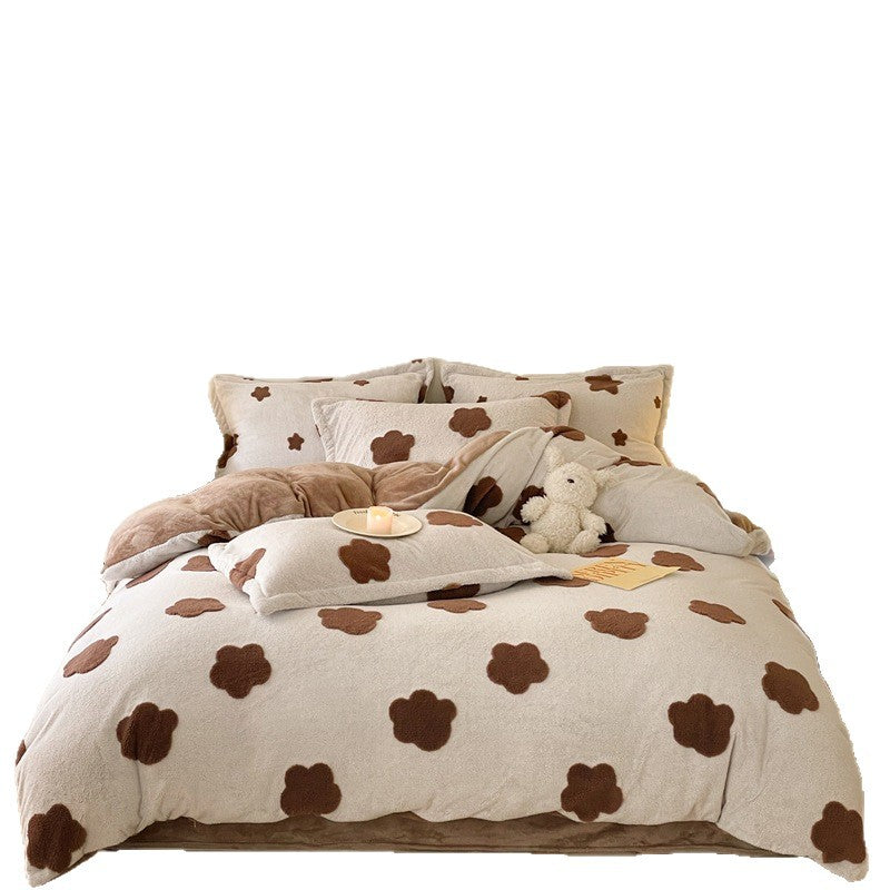 Modern Minimalist Milk Velvet Flat Sheet Bedding Set with Brown and White Floral Spots