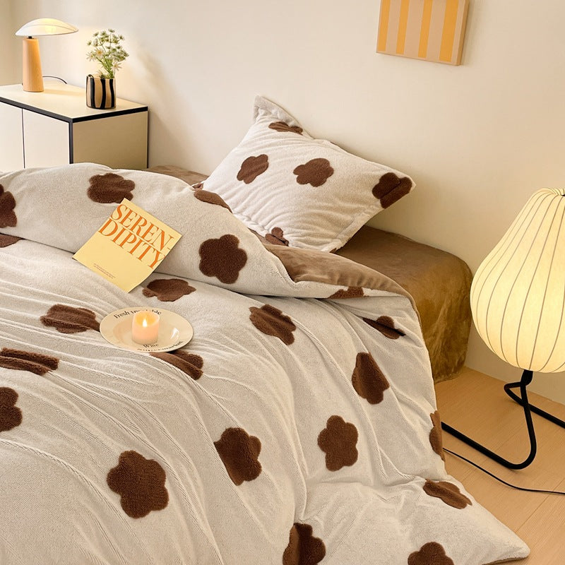 Modern Minimalist Milk Velvet Flat Sheet Bedding Set with Brown and White Floral Spots