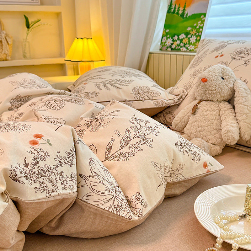 Pure Cotton Cartoon Printed Single Duvet Cover with Black and White Floral Pattern