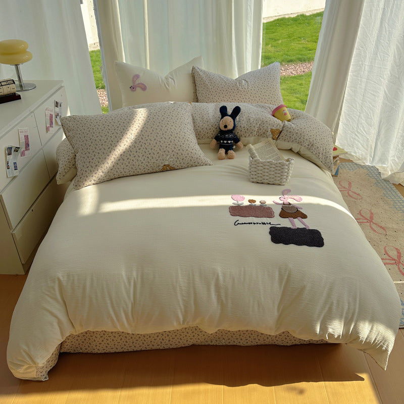 Washed Cotton Cartoon Flat Sheet Bedding Set for Kids and Teens