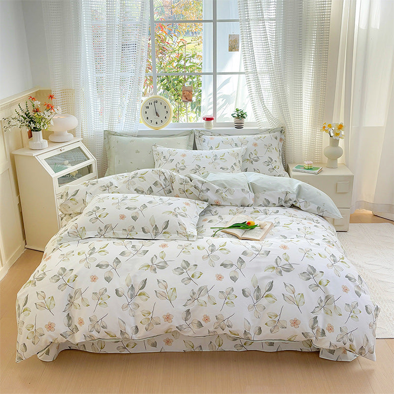 Light Green Floral Cotton Flat Sheet 4-Piece Bedding Set