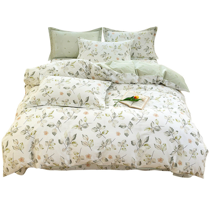 Light Green Floral Cotton Flat Sheet 4-Piece Bedding Set