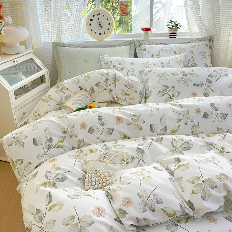 Light Green Floral Cotton Flat Sheet 4-Piece Bedding Set