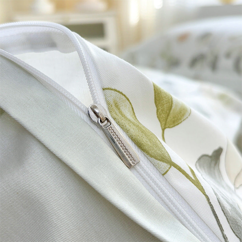 Light Green Floral Cotton Flat Sheet 4-Piece Bedding Set