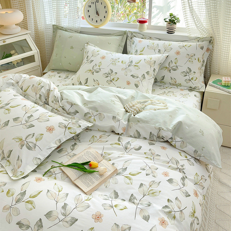 Light Green Floral Cotton Flat Sheet 4-Piece Bedding Set
