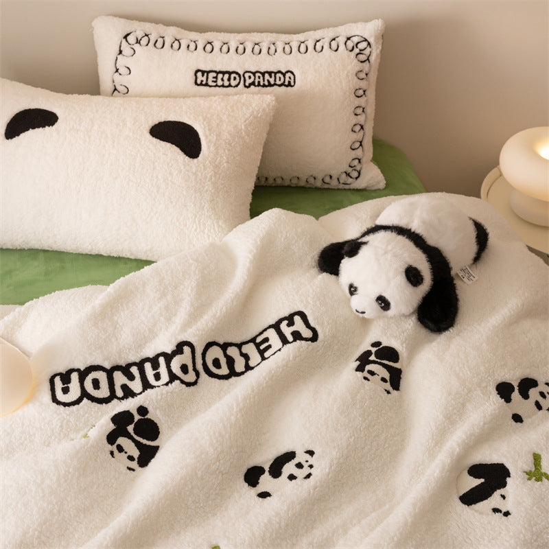 Sheep Fleece Milk Velvet Appliqué 4/3-Piece Bedding Set with Green & White Panda