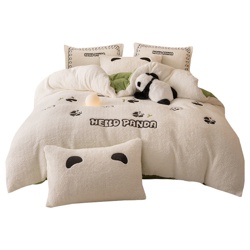 Sheep Fleece Milk Velvet Appliqué 4/3-Piece Bedding Set with Green & White Panda