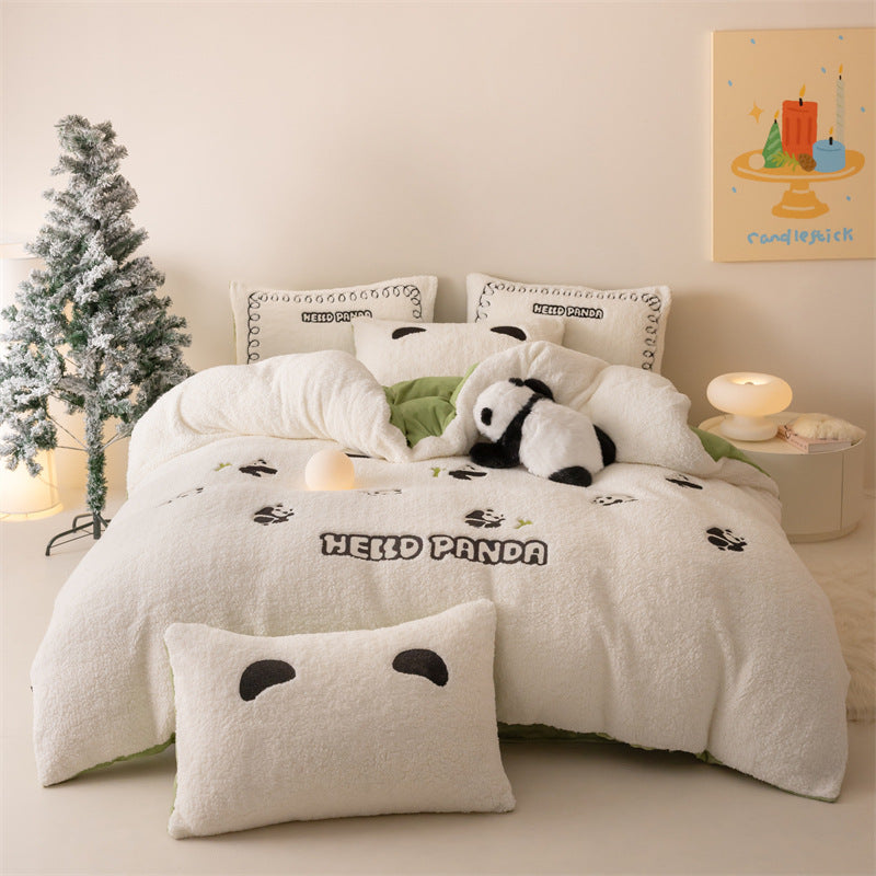 Sheep Fleece Milk Velvet Appliqué 4/3-Piece Bedding Set with Green & White Panda