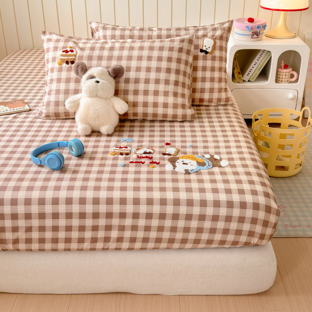Pure Cotton 40s Cartoon Checkered Fitted Sheet with Pillowcases