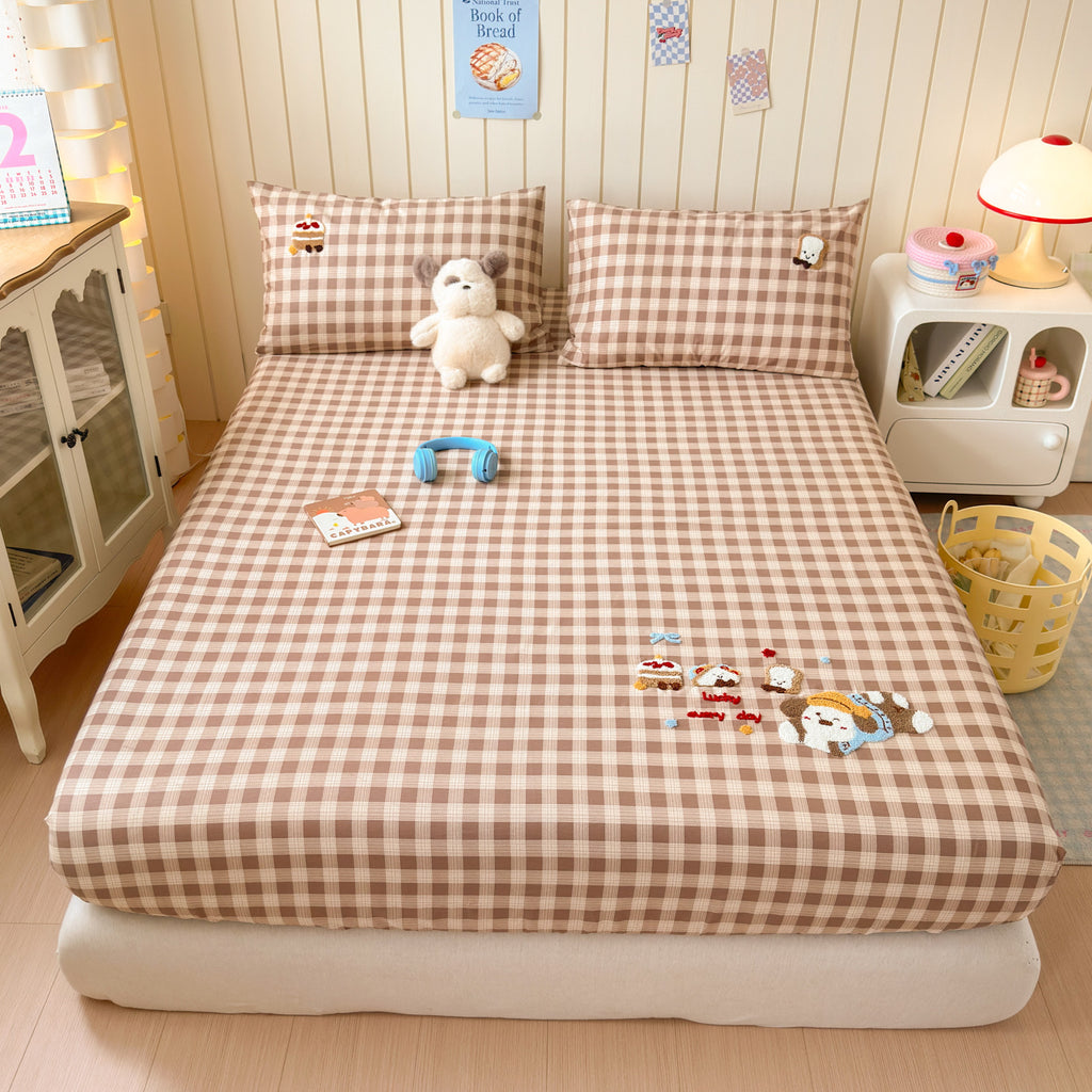 Pure Cotton 40s Cartoon Checkered Fitted Sheet with Pillowcases